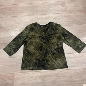Vintage Olive Green Tie dye Embellished 3/4 Sleeve Top Earthy Boho Whimsygoth